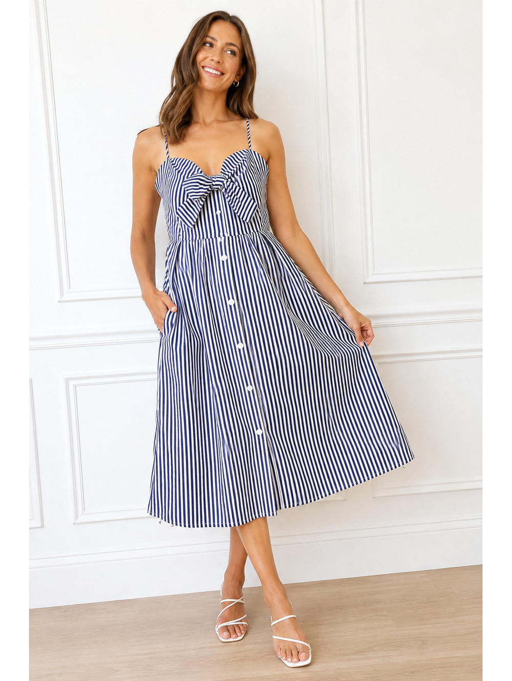 Maacie | M | Navy White Striped Tie Front Midi Dress